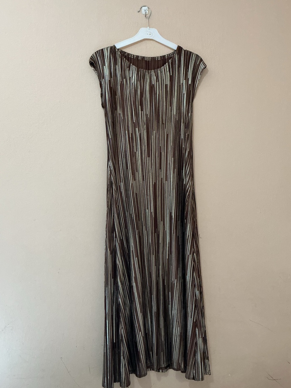 Brown Metallic Stripe Midi Dress - Elegant Evening Wear